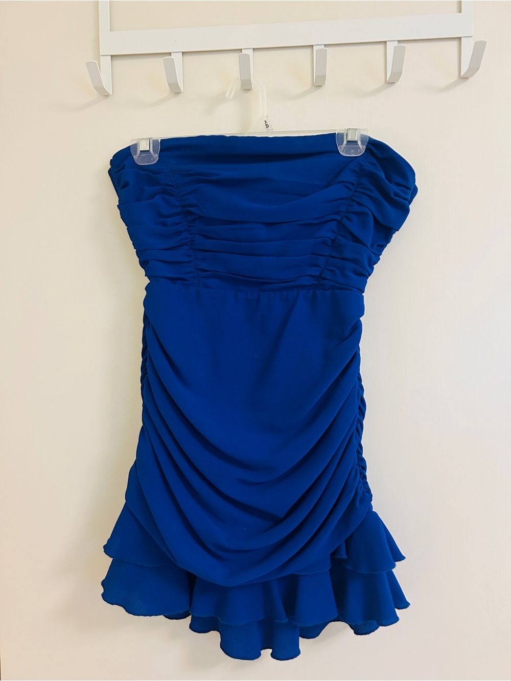 Lucy in the Sky Strapless Royal Blue Ruched Ruffle Dress